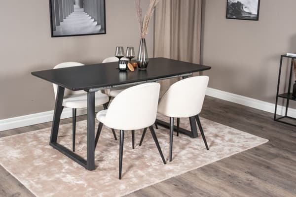 IncaBLBL spisegruppe spisebord uttrekksbord lengde cm 160 / 200 svart og 4 Velvet spisestuestoler fløyel beige, svart.