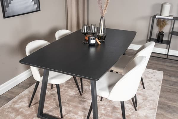 IncaBLBL spisegruppe spisebord uttrekksbord lengde cm 160 / 200 svart og 4 Velvet spisestuestoler fløyel beige, svart.