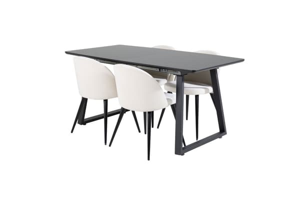 IncaBLBL spisegruppe spisebord uttrekksbord lengde cm 160 / 200 svart og 4 Velvet spisestuestoler fløyel beige, svart.