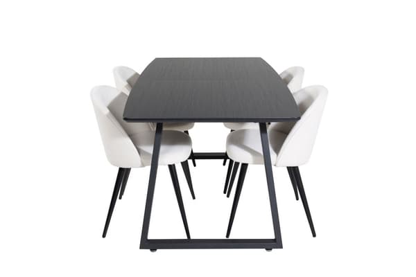 IncaBLBL spisegruppe spisebord uttrekksbord lengde cm 160 / 200 svart og 4 Velvet spisestuestoler fløyel beige, svart.