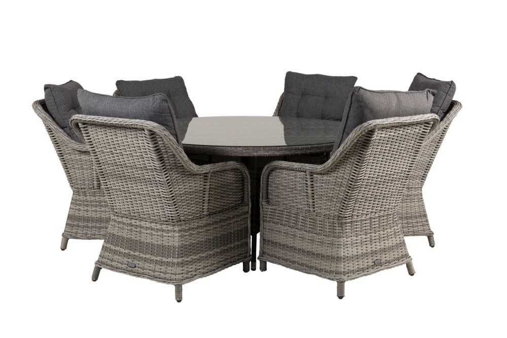Volta Trädgårdset bord Ø150cm och 6 stole Vikelund grå.