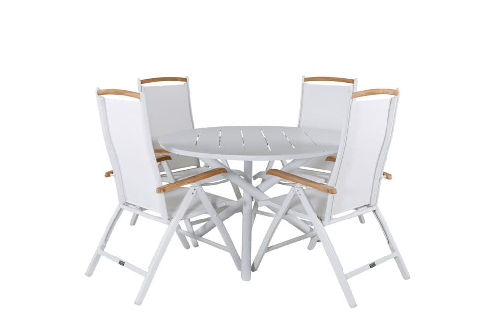 Alma Trädgårdset bord Ø120cm och 4 stole Panama natur, vit.