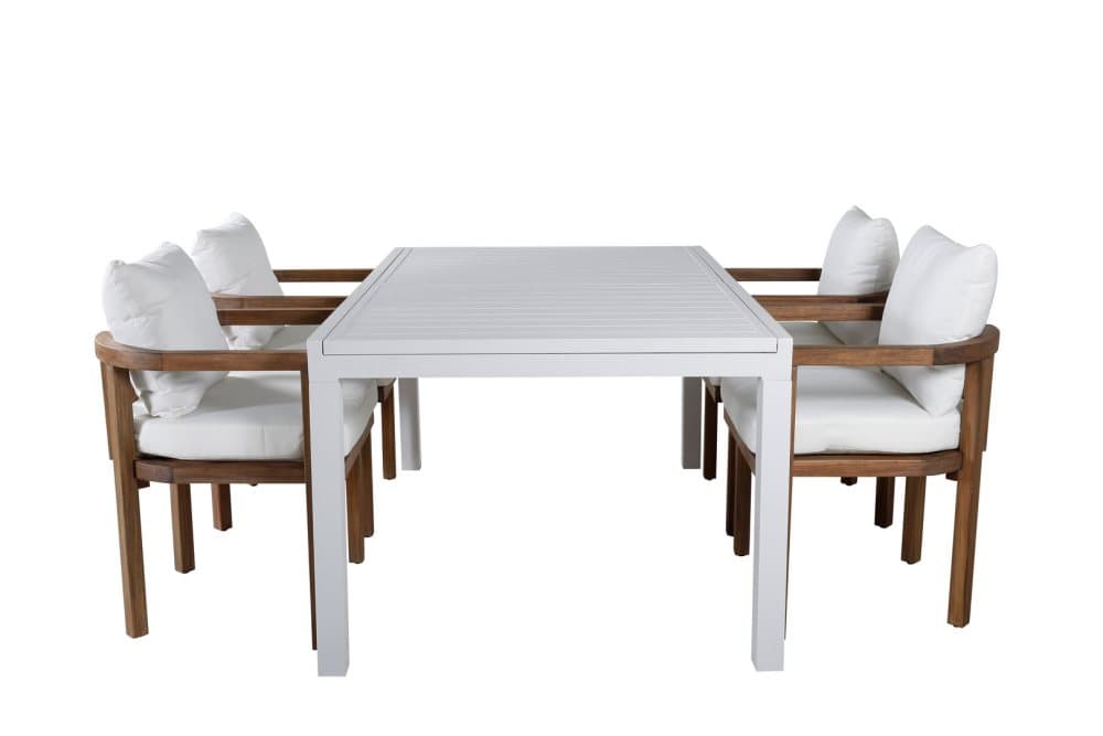Marbella Trädgårdset bord 100x160/240cm och 4 stole Erica natur, vit.