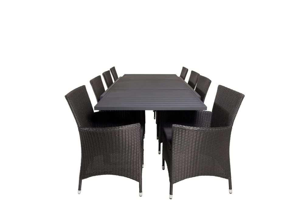 Marbella Trädgårdset bord 100x160/240cm och 8 stole Knick svart.