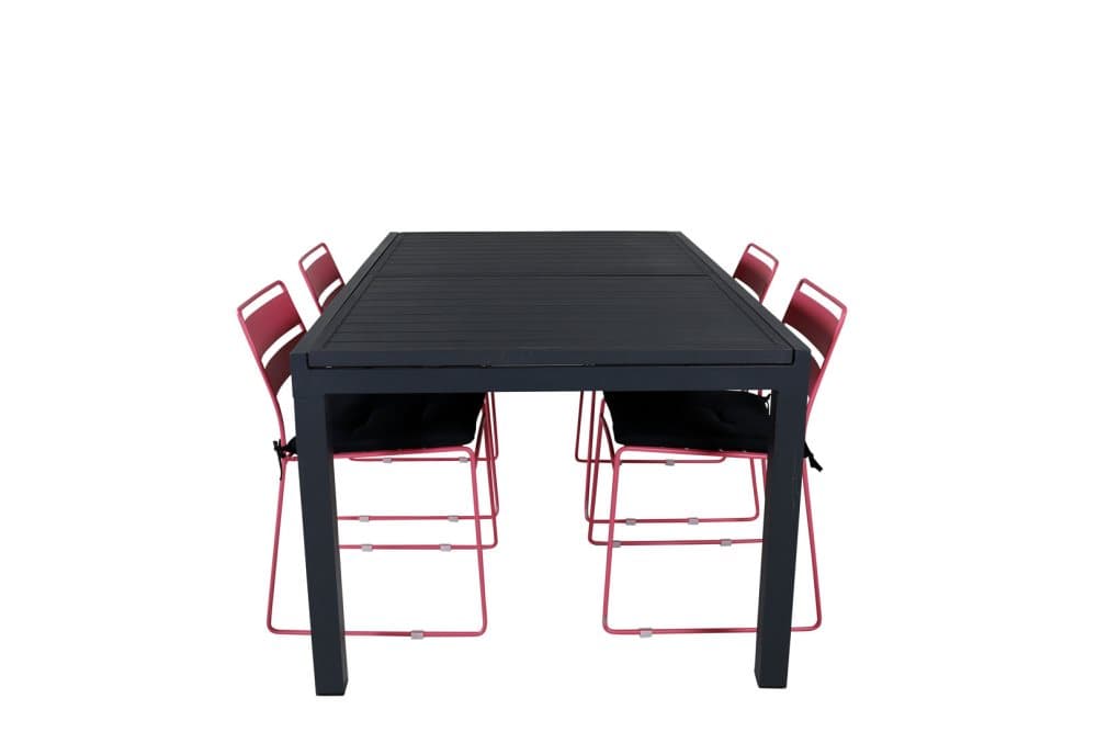 Marbella Trädgårdset bord 100x160/240cm och 4 stole Lina rosa, svart.