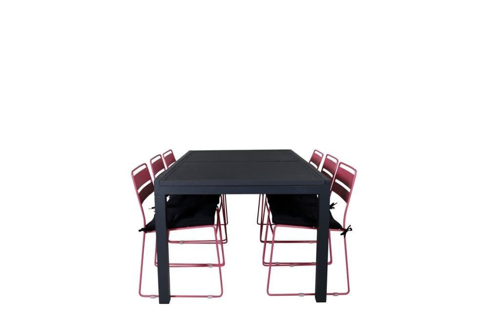 Marbella Trädgårdset bord 100x160/240cm och 6 stole Lina rosa, svart.