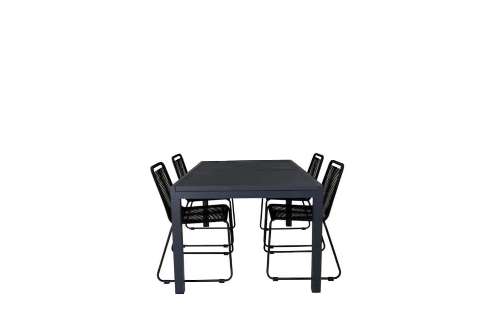 Marbella Trädgårdset bord 100x160/240cm och 4 stole stapelS Lindos svart.