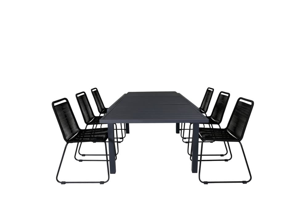 Marbella Trädgårdset bord 100x160/240cm och 6 stole stapelS Lindos svart.