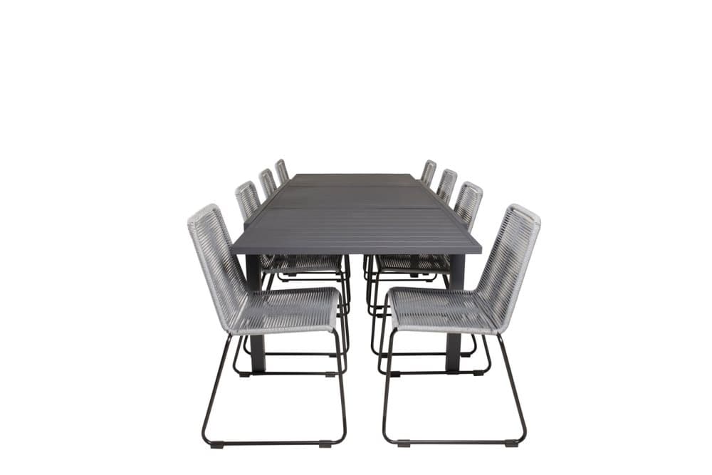 Marbella Trädgårdset bord 100x160/240cm och 8 stole Lindos svart.
