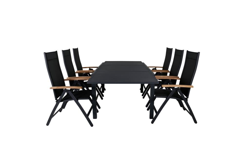 Marbella Trädgårdset bord 100x160/240cm och 6 stole Panama svart.