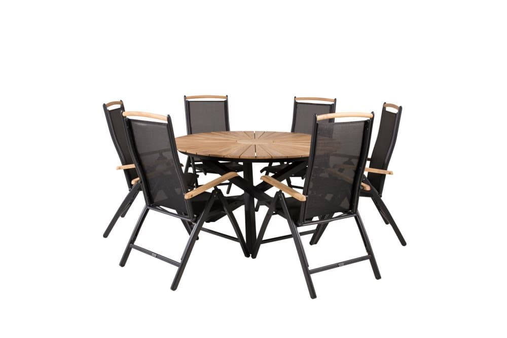 Mexico Trädgårdset bord Ø140cm och 6 stole 5pos Panama svart, natur.