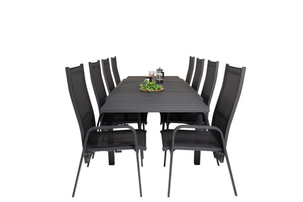 Marbella hagesett bord 100x160/240cm og 8 stoler Copacabana svart.