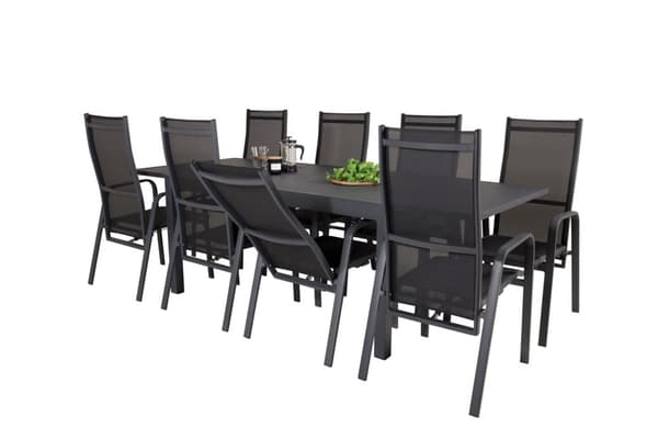 Marbella hagesett bord 100x160/240cm og 8 stoler Copacabana svart.