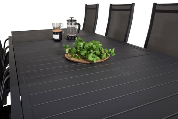 Marbella hagesett bord 100x160/240cm og 8 stoler Copacabana svart.