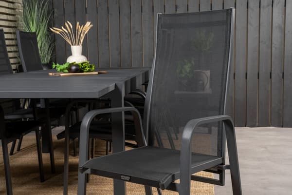 Marbella hagesett bord 100x160/240cm og 8 stoler Copacabana svart.