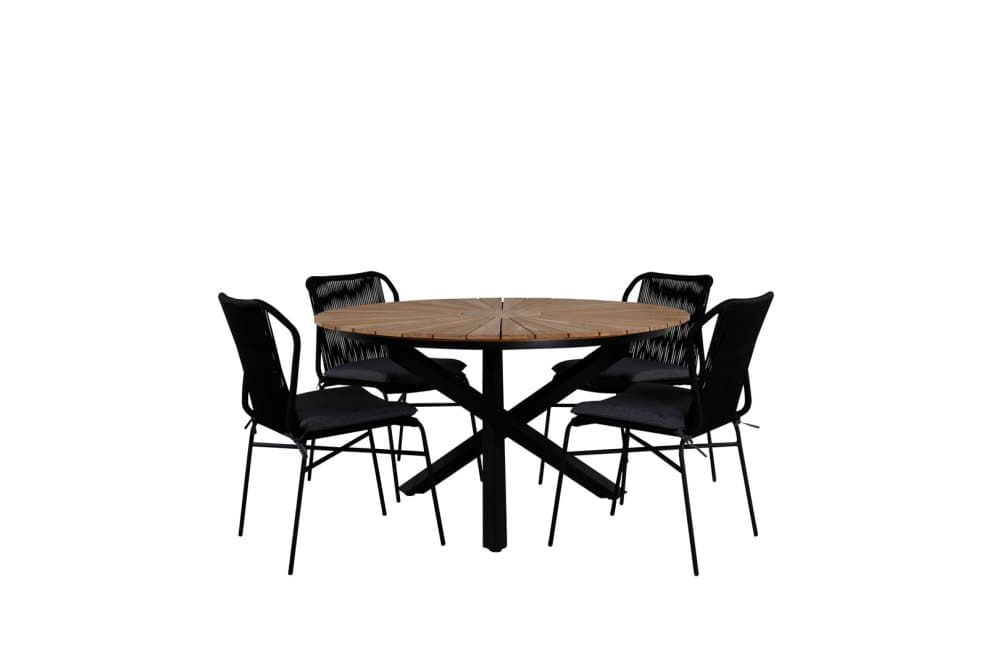 Mexico Trädgårdset bord Ø140cm och 4 stole Julian svart, natur.