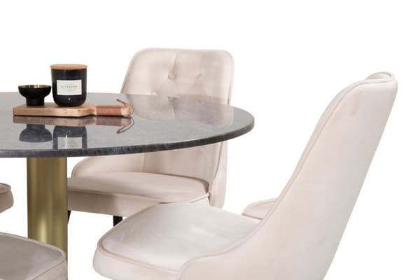 EstelleØ106BLBR matgrupp svart, marmor och 4 Velvet Deluxe matstola velour beige, svart.