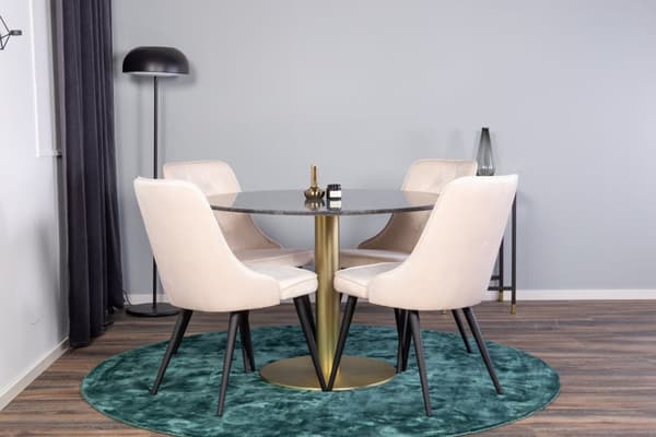 EstelleØ106BLBR matgrupp svart, marmor och 4 Velvet Deluxe matstola velour beige, svart.