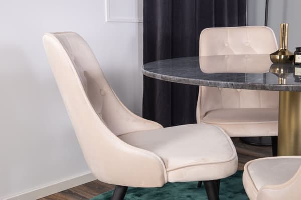 EstelleØ106BLBR matgrupp svart, marmor och 4 Velvet Deluxe matstola velour beige, svart.