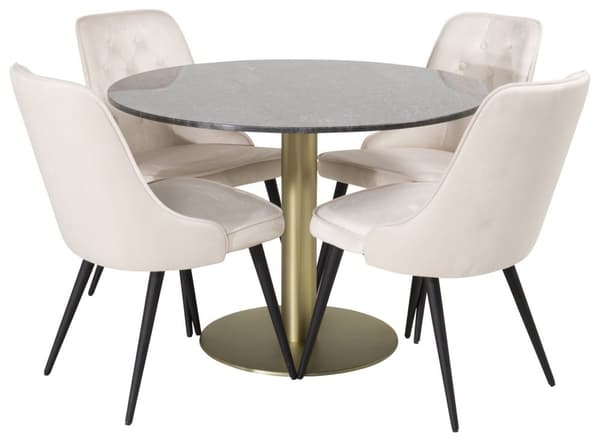 EstelleØ106BLBR matgrupp svart, marmor och 4 Velvet Deluxe matstola velour beige, svart.