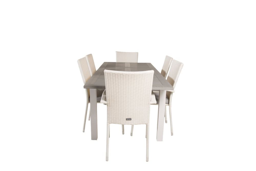 Albany Trädgårdset bord 90x152/210cm och 6 stole Anna vit, grå, gråvit.