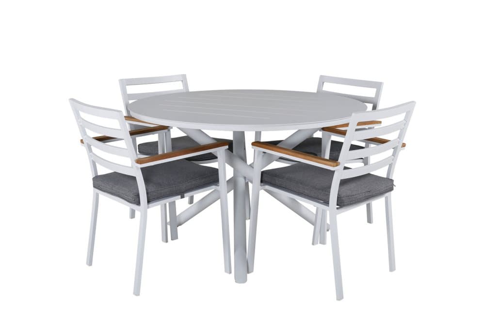 Alma Trädgårdset bord Ø120cm och 4 stole Brasilia vit.