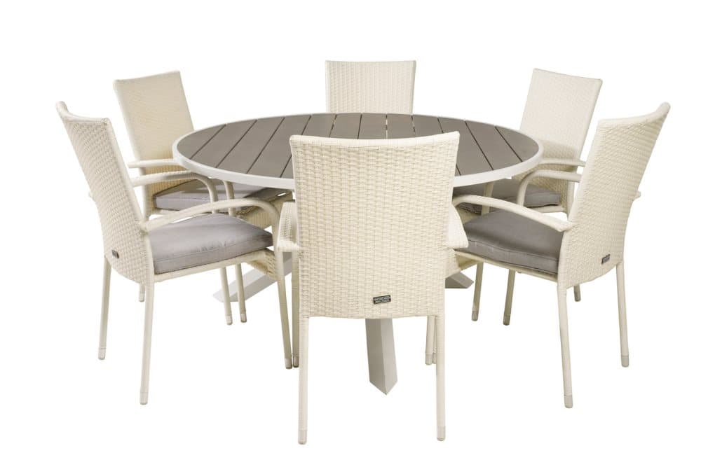 Parma Trädgårdset bord Ø140cm och 6 stole Anna vit, grå.
