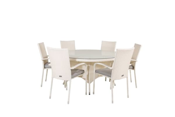 Volta hagesett bord Ø150cm og 6 stoler Anna hvit.