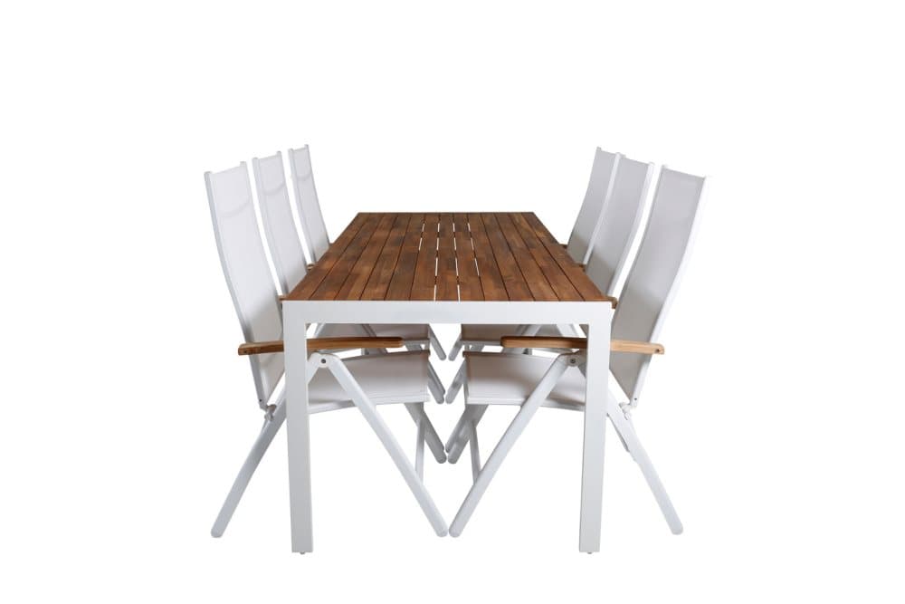 Bois Trädgårdset bord 90x205cm och 6 stole Panama vit, natur.