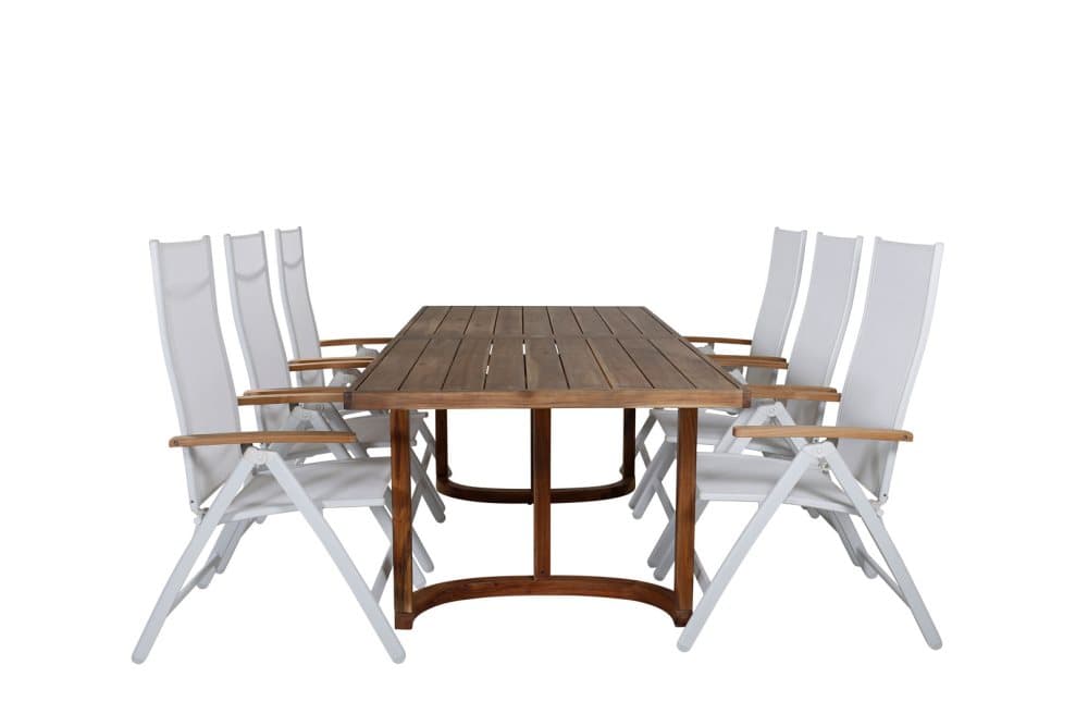 Erica Trädgårdset bord 100x214cm och 6 stole L5pos Panama vit, natur.