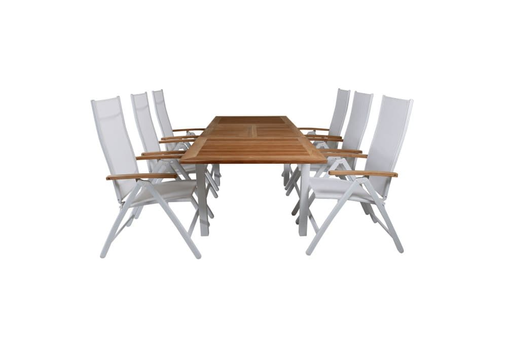 Panama Trädgårdset bord 90x160/240cm och 6 stole Panama vit, natur.