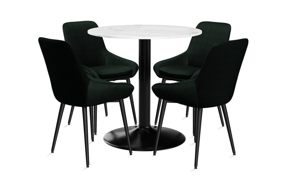 GENEVA Bord 100 Runt Marmor Vit + 4 VIKEN Stol Grön