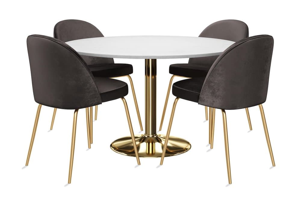 GENEVA Bord 120 Runt Marmor Vit + 4 SANDRO Stol Sammet Grå