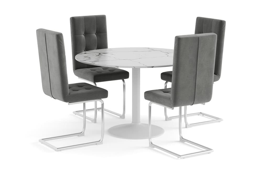 GENEVA Bord 120 Runt Marmor Vit + 4 SOLEI Stol Grå