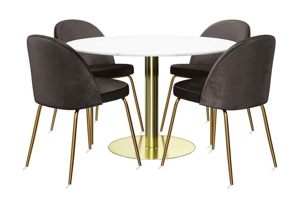 GENEVA Bord 106 Runt Marmor Vit + 4 SANDRO Stol Sammet Grå