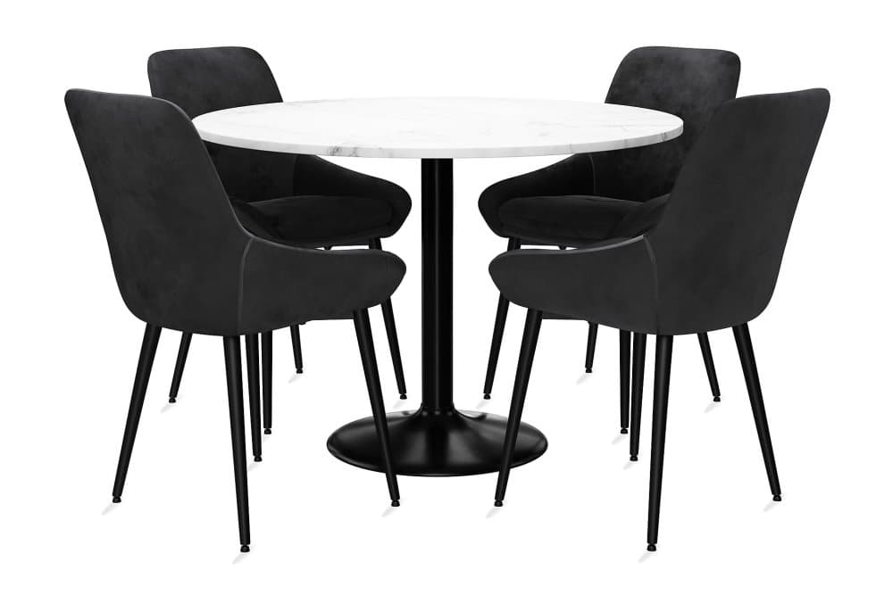 GENEVA Bord 120 Runt Marmor Vit + 4 VIKEN Stol Grå