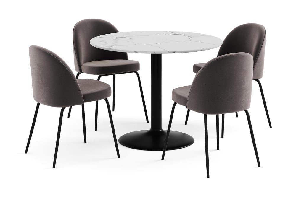 GENEVA Bord 100 Runt Marmor Vit + 4 SANDRO Stol Sammet Grå