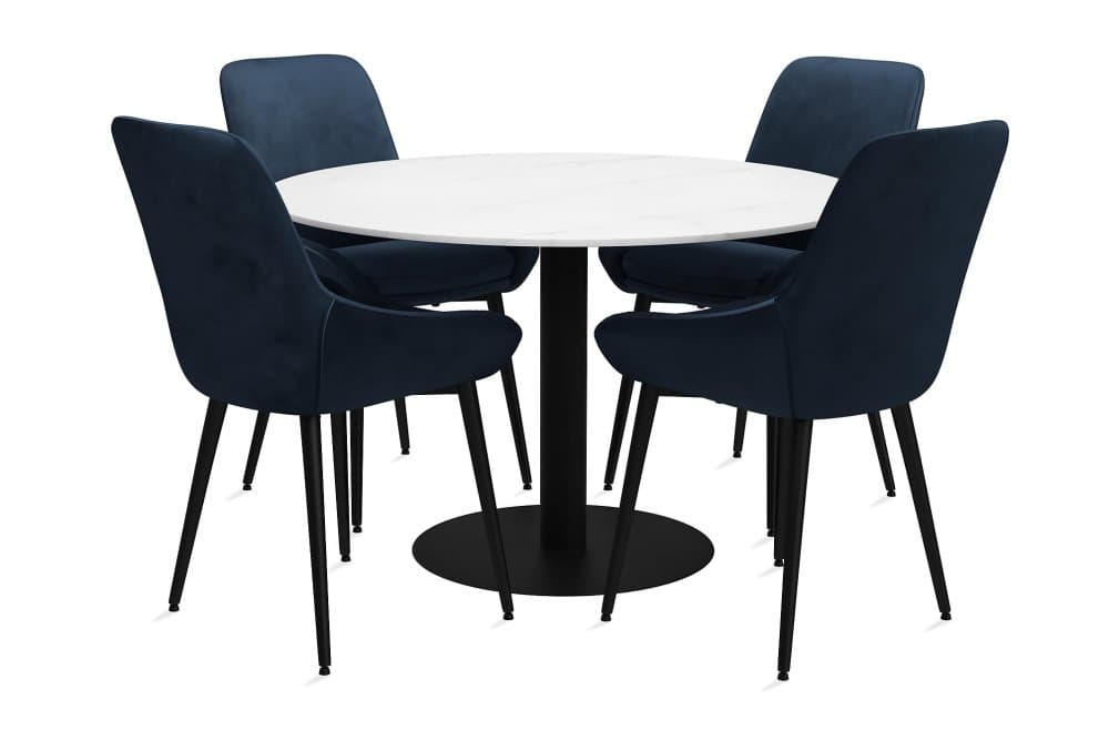 GENEVA Bord 106 Runt Marmor Vit + 4 VIKEN Stol Blå