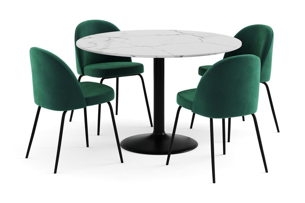 GENEVA Bord 120 Runt Marmor Vit + 4 SANDRO Stol Sammet Grön