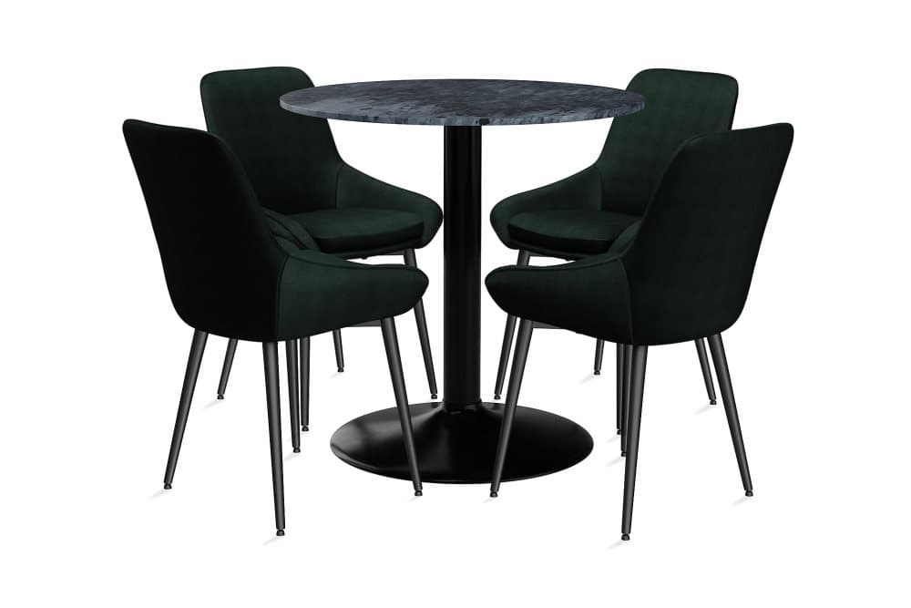 GENEVA Bord 100 Runt Marmor Grå + 4 VIKEN Stol Grön
