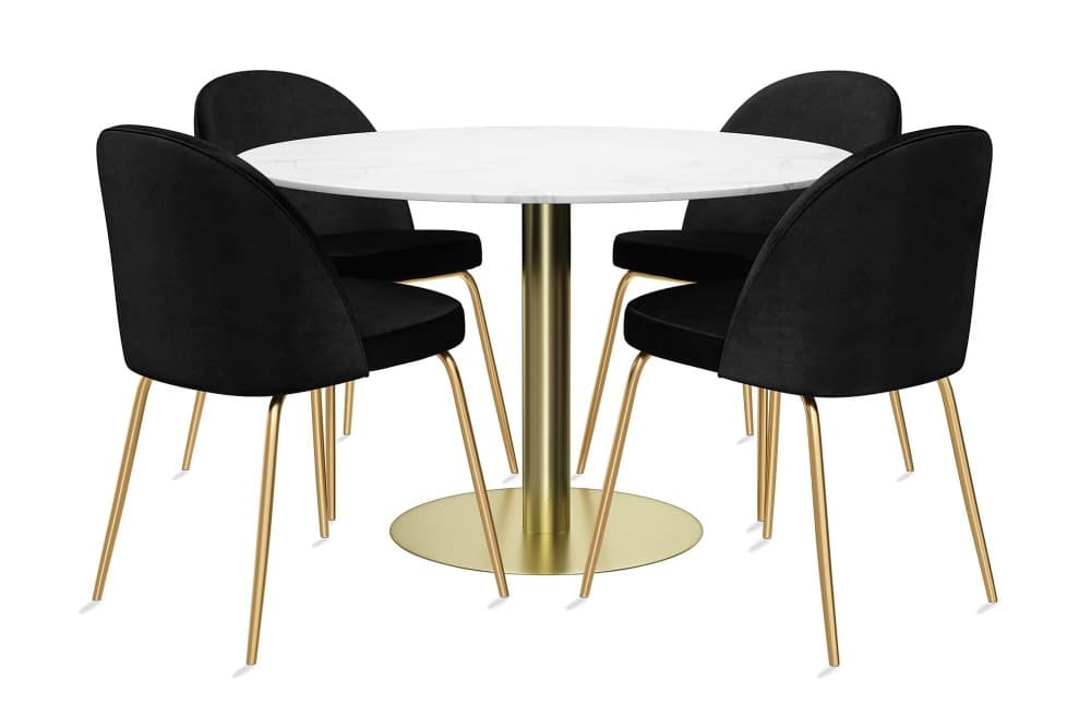 GENEVA Bord 100 Runt Marmor Vit + 4 SANDRO Stol Sammet Svart