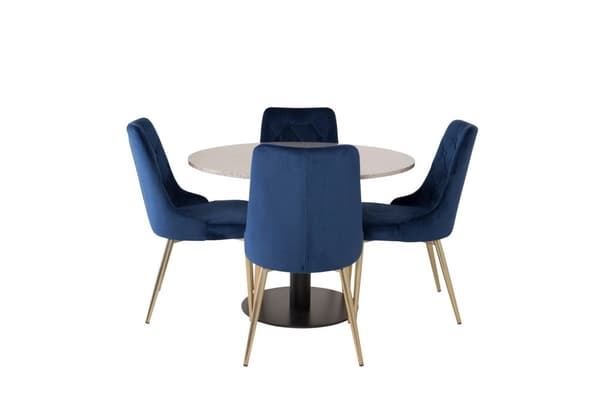 RazziaGR spisebordssæt spisebord terazzo grå og 4 Velvet Deluxe stole velour blå, messing dekor.
