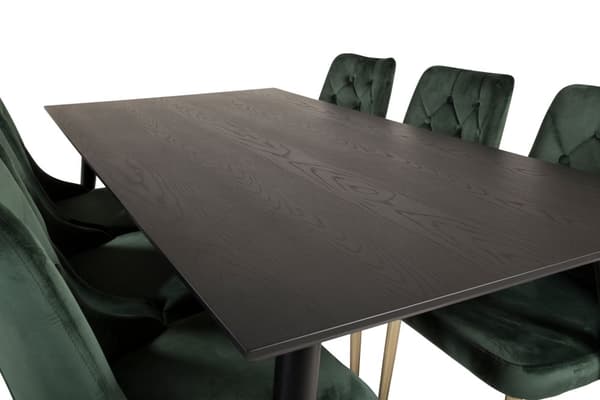 Dipp180x90BLBR spisebordssæt spisebord sort og 6 Velvet Deluxe stole velour grøn, messing dekor.