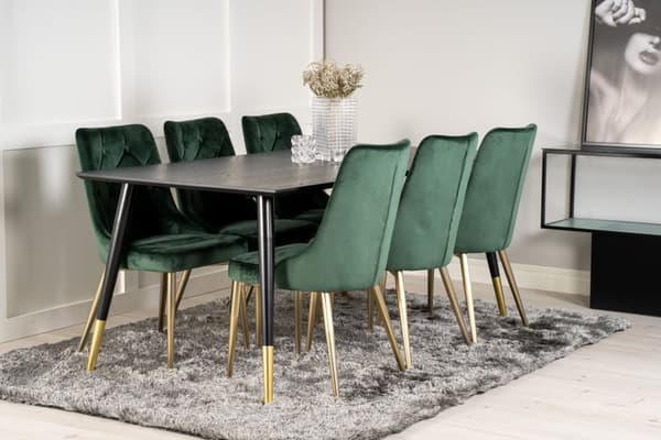 Dipp180x90BLBR spisebordssæt spisebord sort og 6 Velvet Deluxe stole velour grøn, messing dekor.