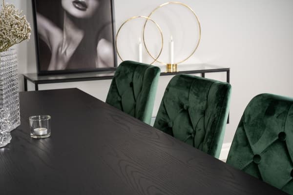 Dipp180x90BLBR spisebordssæt spisebord sort og 6 Velvet Deluxe stole velour grøn, messing dekor.