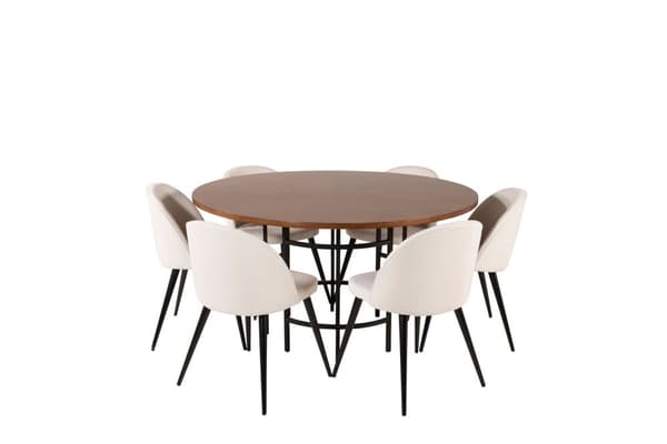 Copenhagen spisebordssæt spisebord brun og 6 Velvet stole fløjl beige, sort.