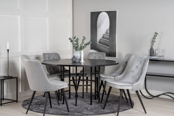 Copenhagen spisebordssæt spisebord brun og 6 Velvet Deluxe stole velour lysegrå.