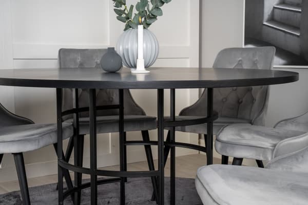 Copenhagen spisebordssæt spisebord brun og 6 Velvet Deluxe stole velour lysegrå.