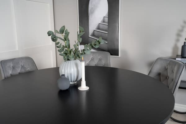 Copenhagen spisebordssæt spisebord brun og 6 Velvet Deluxe stole velour lysegrå.