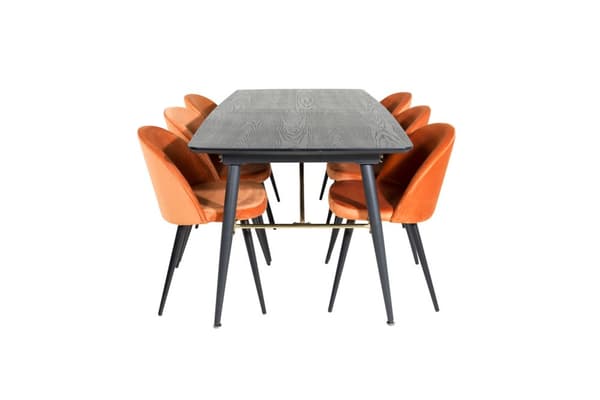 Gold spisebordssæt spisebord  udtræksbord længde cm 180 / 220 sort og 6 Velvet stole velour orange, sort.